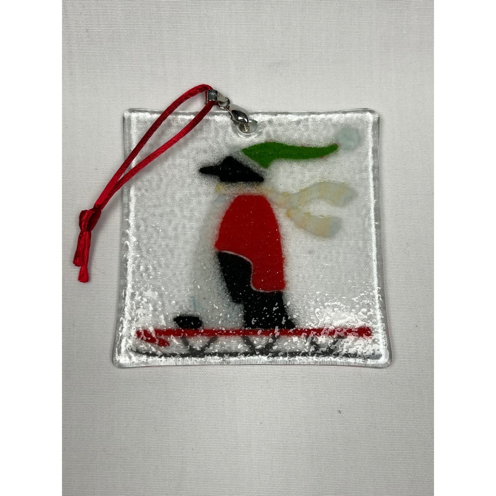 Peggy Karr Glass Square Fused Glass Ornament Penguin with Scarf on Sled